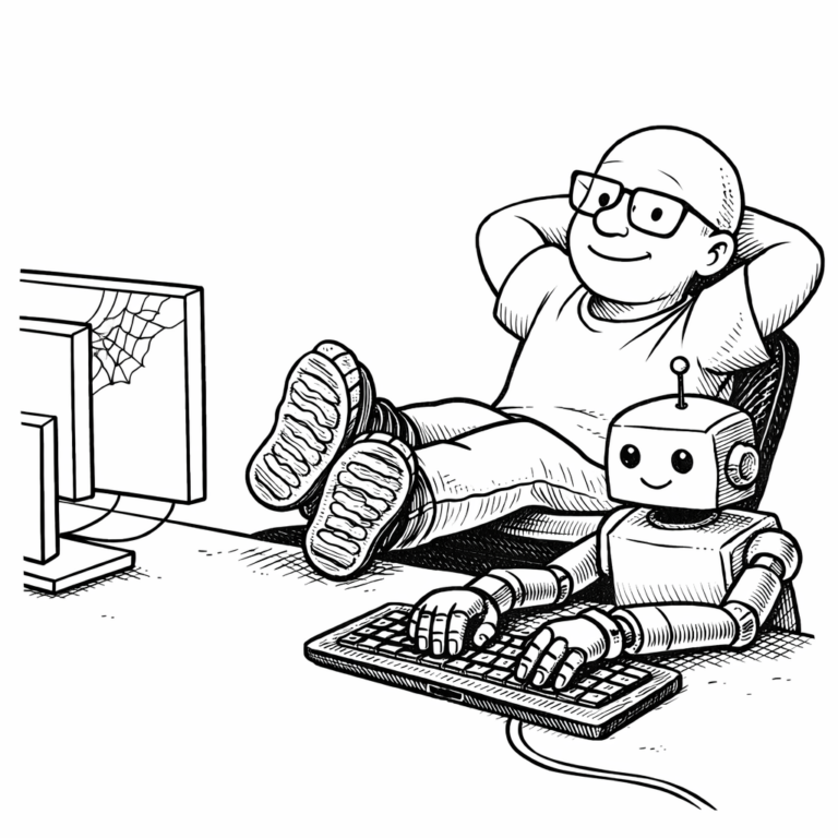 Author sitting with his feet up on the desk while a robot types on his keyboard.