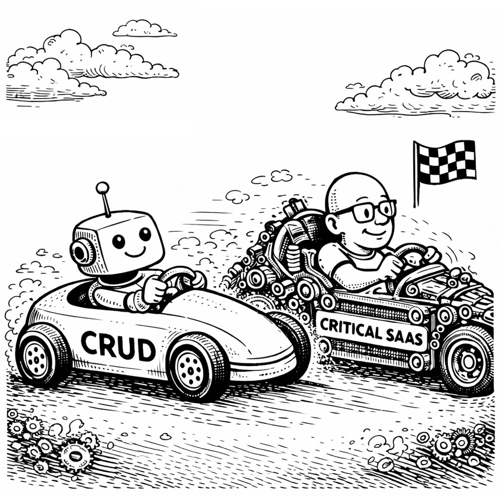 Two racing cars, one with "Critical SaaS" on it and one with "CRUD," where CRUD is losing.